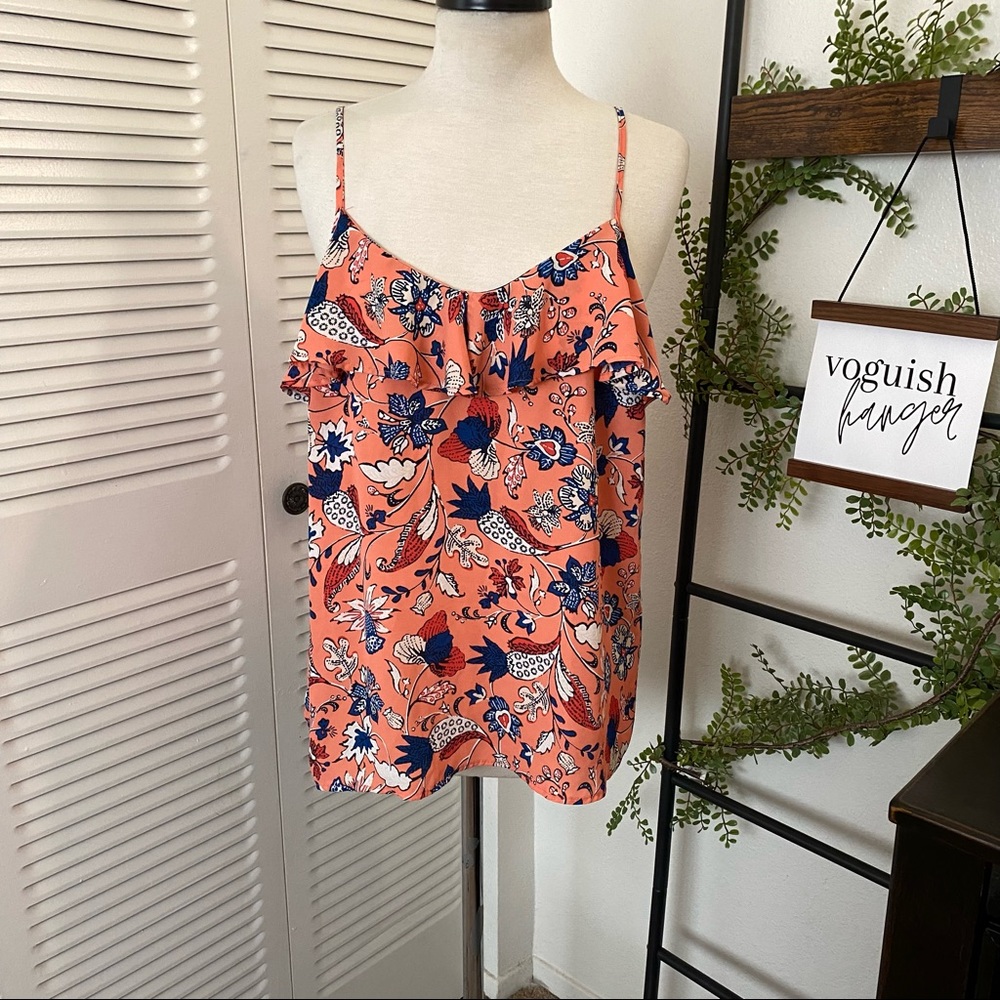 Joe Fresh|L|Salmon Leaf Paisley Print Ruffle Neckline Thin Strap Top